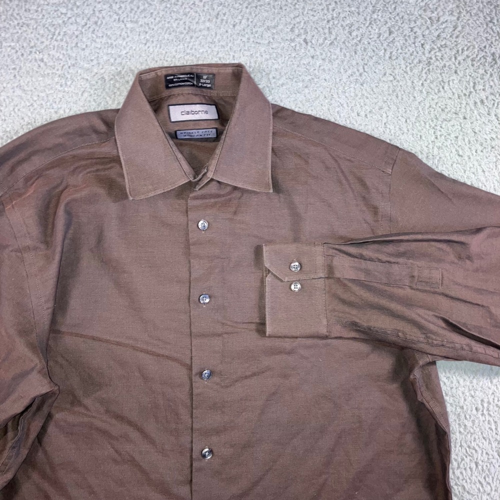 Claiborne Button Up Shirt Men XL Brown Wrinkle Free Modern Fit Work Classic